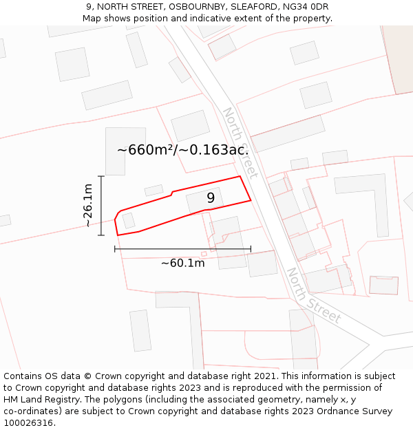 9, NORTH STREET, OSBOURNBY, SLEAFORD, NG34 0DR: Plot and title map