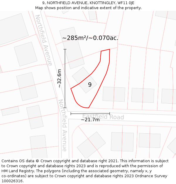 9, NORTHFIELD AVENUE, KNOTTINGLEY, WF11 0JE: Plot and title map