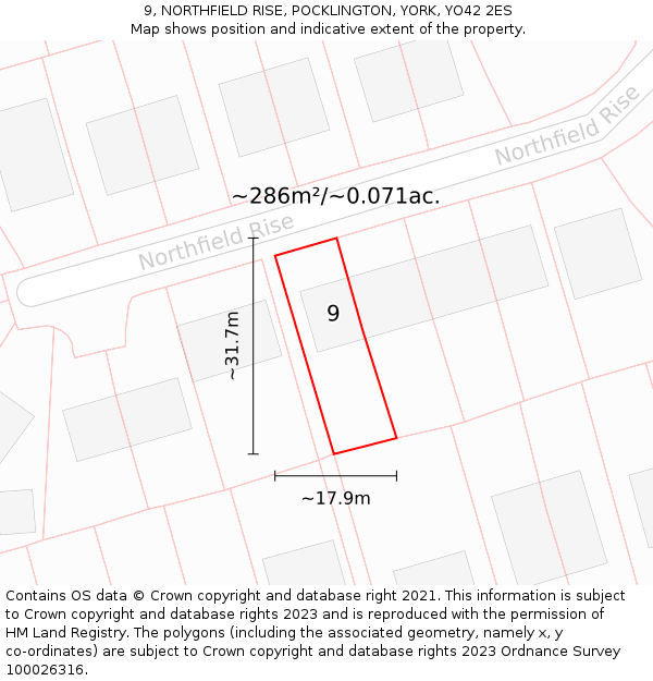 9, NORTHFIELD RISE, POCKLINGTON, YORK, YO42 2ES: Plot and title map