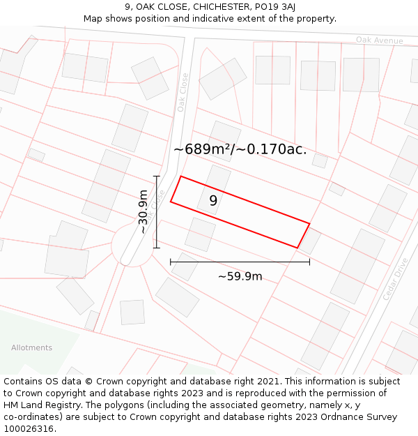 9, OAK CLOSE, CHICHESTER, PO19 3AJ: Plot and title map