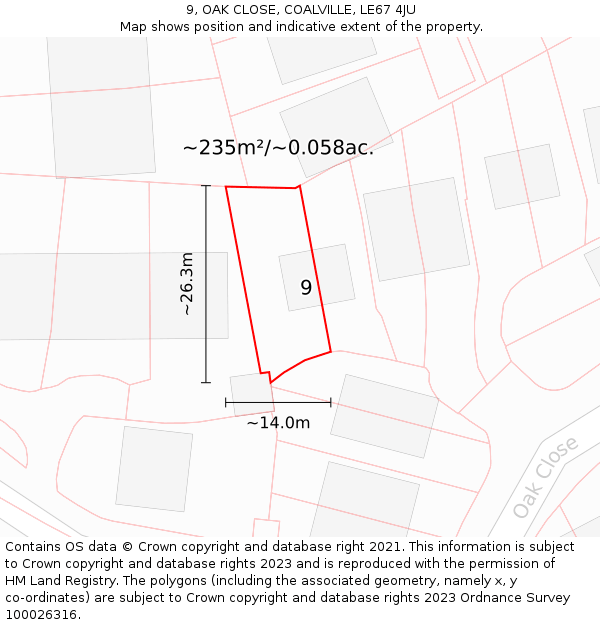 9, OAK CLOSE, COALVILLE, LE67 4JU: Plot and title map