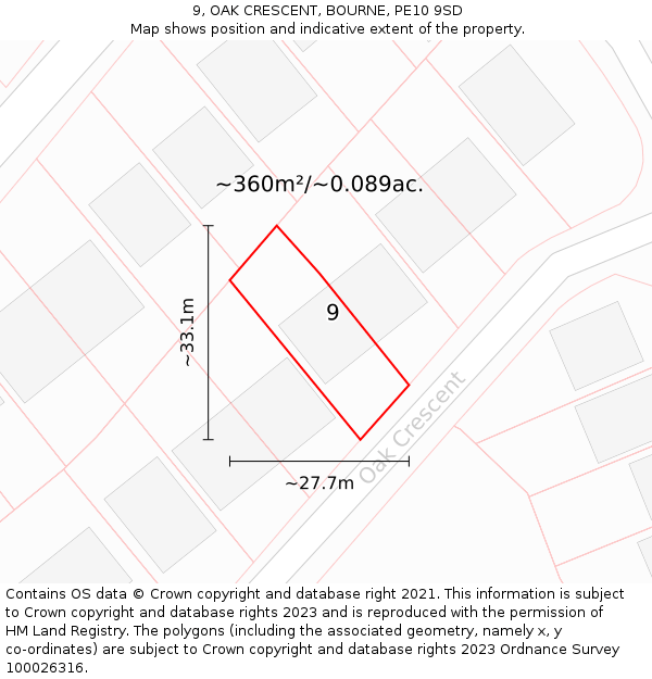 9, OAK CRESCENT, BOURNE, PE10 9SD: Plot and title map