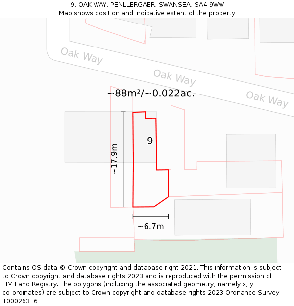 9, OAK WAY, PENLLERGAER, SWANSEA, SA4 9WW: Plot and title map