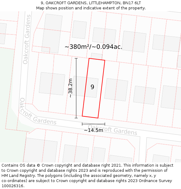 9, OAKCROFT GARDENS, LITTLEHAMPTON, BN17 6LT: Plot and title map