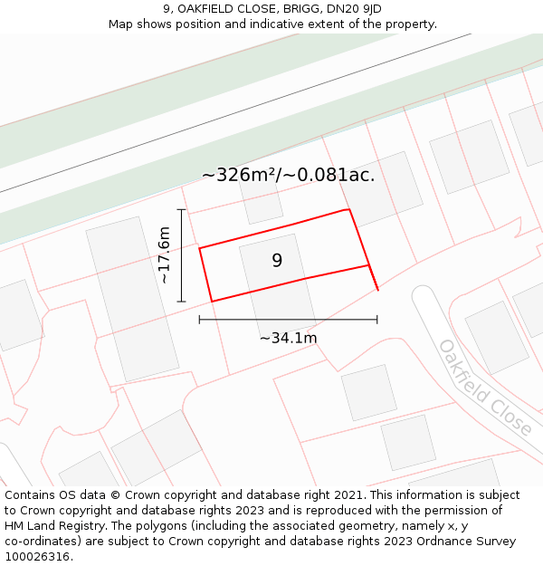 9, OAKFIELD CLOSE, BRIGG, DN20 9JD: Plot and title map