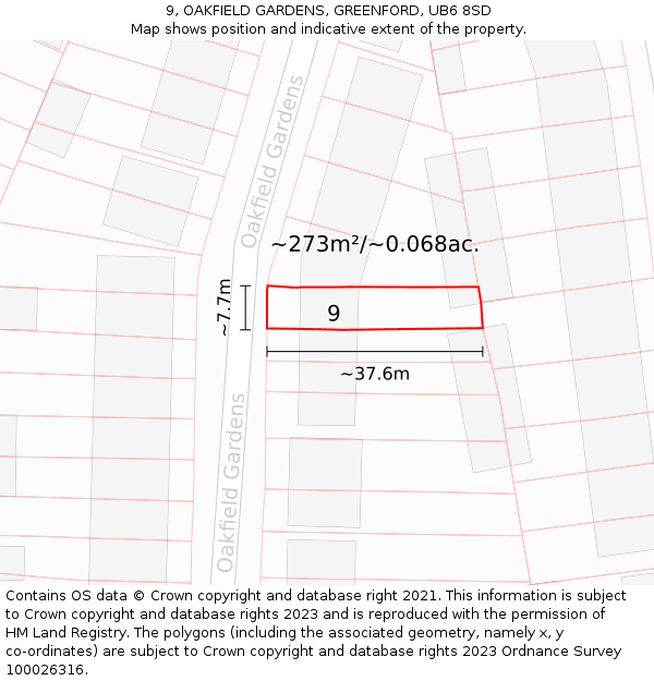 9, OAKFIELD GARDENS, GREENFORD, UB6 8SD: Plot and title map