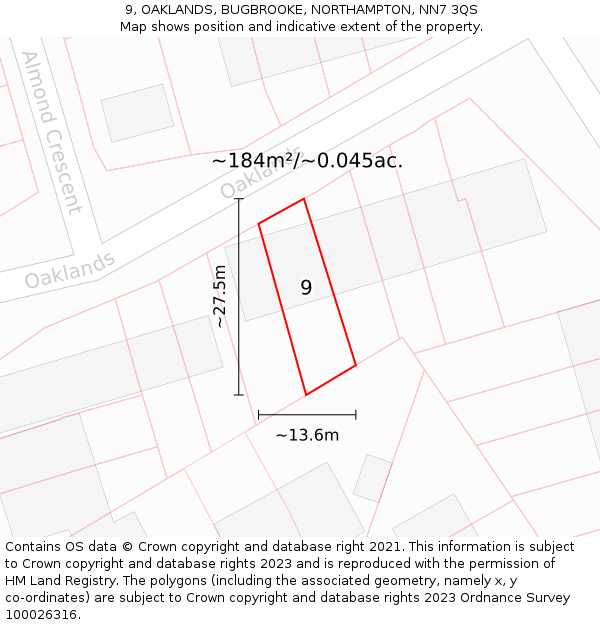 9, OAKLANDS, BUGBROOKE, NORTHAMPTON, NN7 3QS: Plot and title map