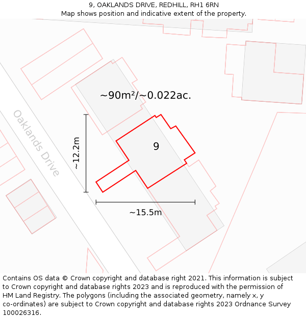 9, OAKLANDS DRIVE, REDHILL, RH1 6RN: Plot and title map