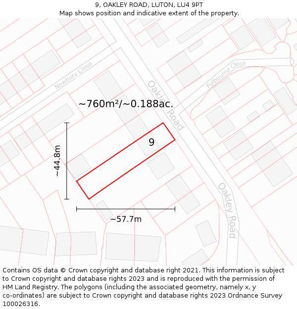 9, OAKLEY ROAD, LUTON, LU4 9PT: Plot and title map