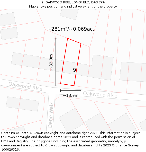 9, OAKWOOD RISE, LONGFIELD, DA3 7PA: Plot and title map