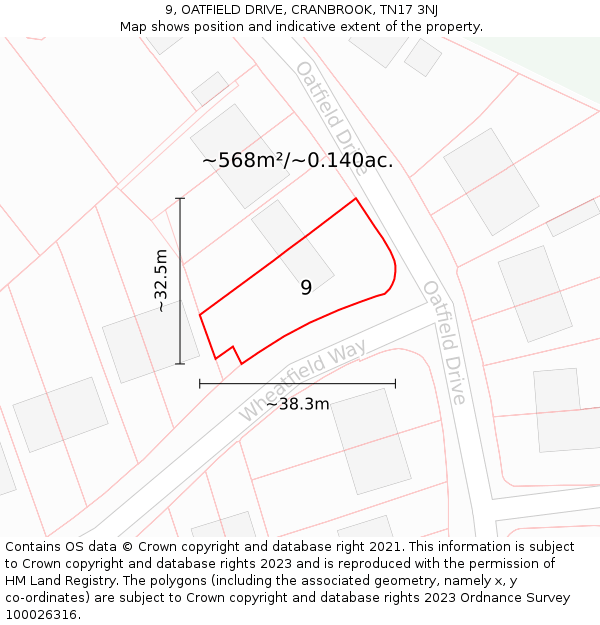 9, OATFIELD DRIVE, CRANBROOK, TN17 3NJ: Plot and title map