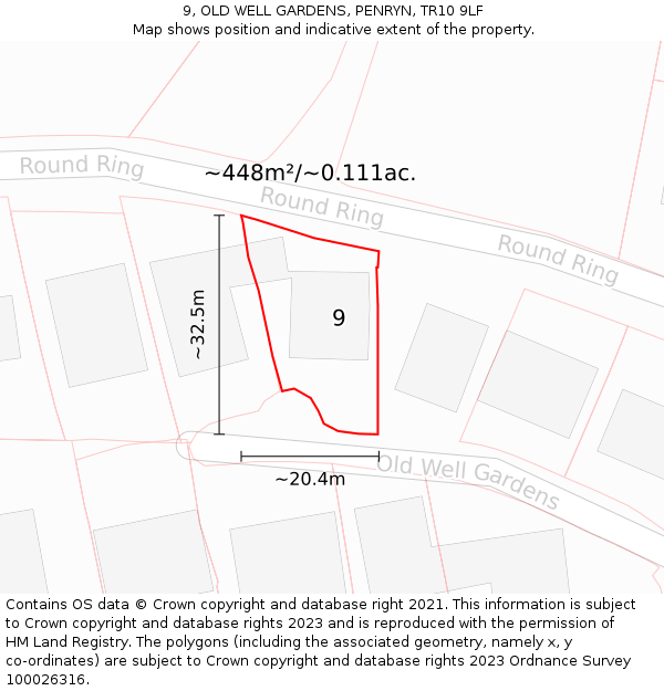 9, OLD WELL GARDENS, PENRYN, TR10 9LF: Plot and title map