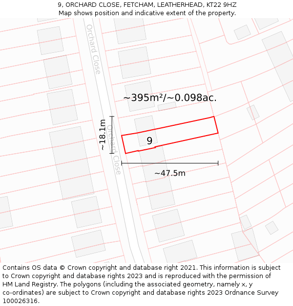 9, ORCHARD CLOSE, FETCHAM, LEATHERHEAD, KT22 9HZ: Plot and title map