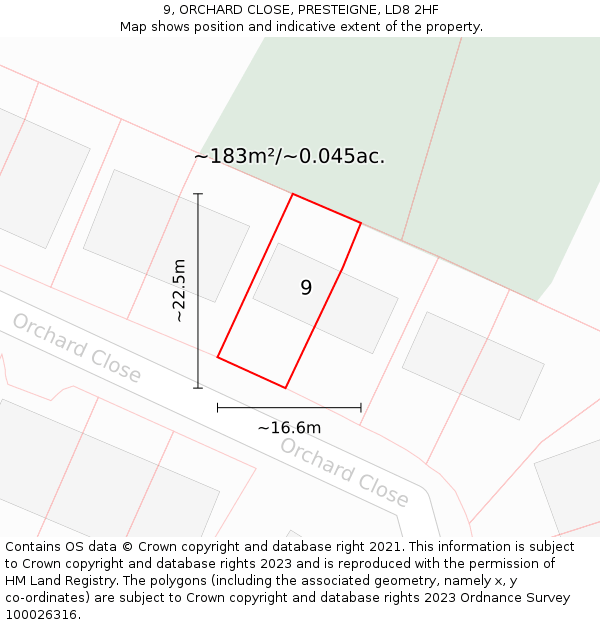 9, ORCHARD CLOSE, PRESTEIGNE, LD8 2HF: Plot and title map