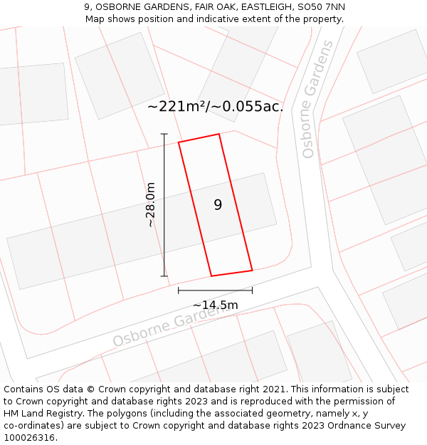 9, OSBORNE GARDENS, FAIR OAK, EASTLEIGH, SO50 7NN: Plot and title map