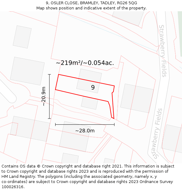 9, OSLER CLOSE, BRAMLEY, TADLEY, RG26 5QG: Plot and title map