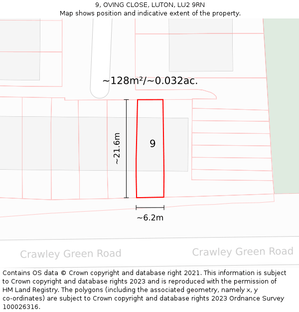 9, OVING CLOSE, LUTON, LU2 9RN: Plot and title map