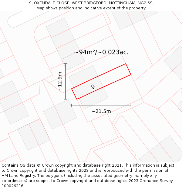 9, OXENDALE CLOSE, WEST BRIDGFORD, NOTTINGHAM, NG2 6SJ: Plot and title map