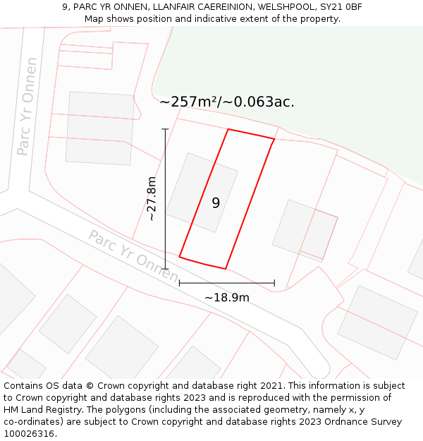 9, PARC YR ONNEN, LLANFAIR CAEREINION, WELSHPOOL, SY21 0BF: Plot and title map