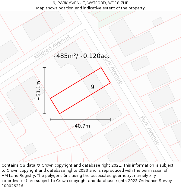 9, PARK AVENUE, WATFORD, WD18 7HR: Plot and title map