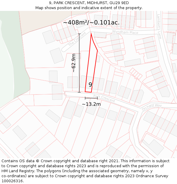 9, PARK CRESCENT, MIDHURST, GU29 9ED: Plot and title map