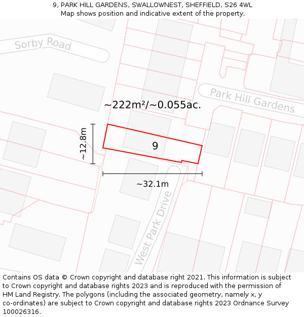 9, PARK HILL GARDENS, SWALLOWNEST, SHEFFIELD, S26 4WL: Plot and title map