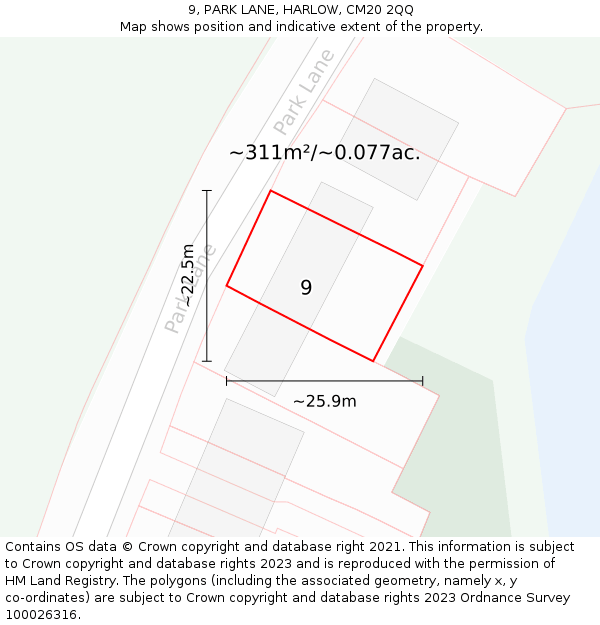 9, PARK LANE, HARLOW, CM20 2QQ: Plot and title map