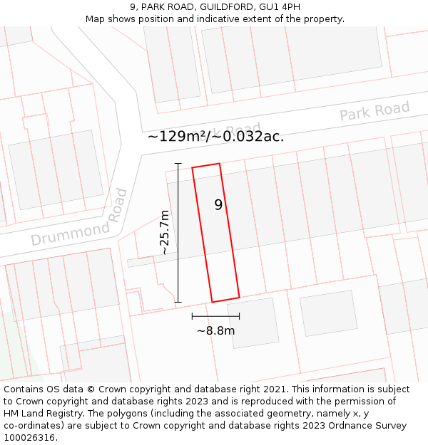 9, PARK ROAD, GUILDFORD, GU1 4PH: Plot and title map