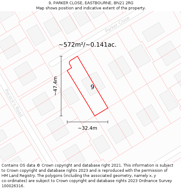 9, PARKER CLOSE, EASTBOURNE, BN21 2RG: Plot and title map