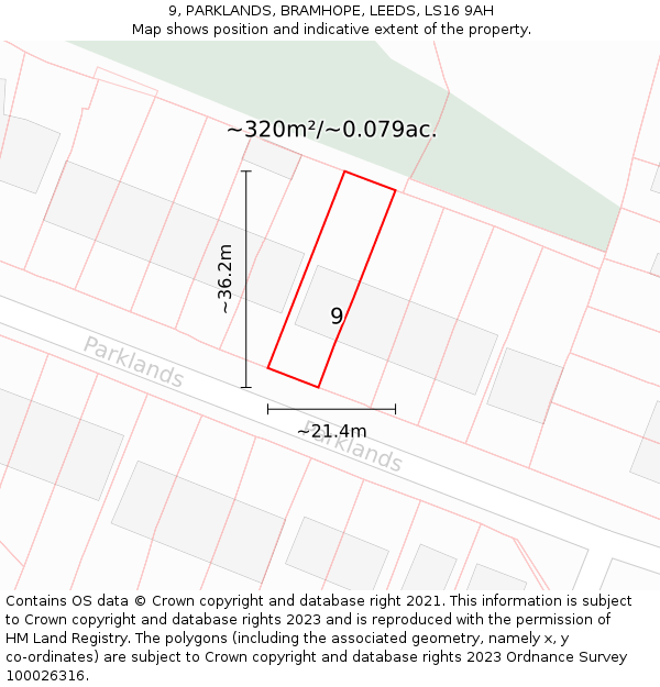 9, PARKLANDS, BRAMHOPE, LEEDS, LS16 9AH: Plot and title map