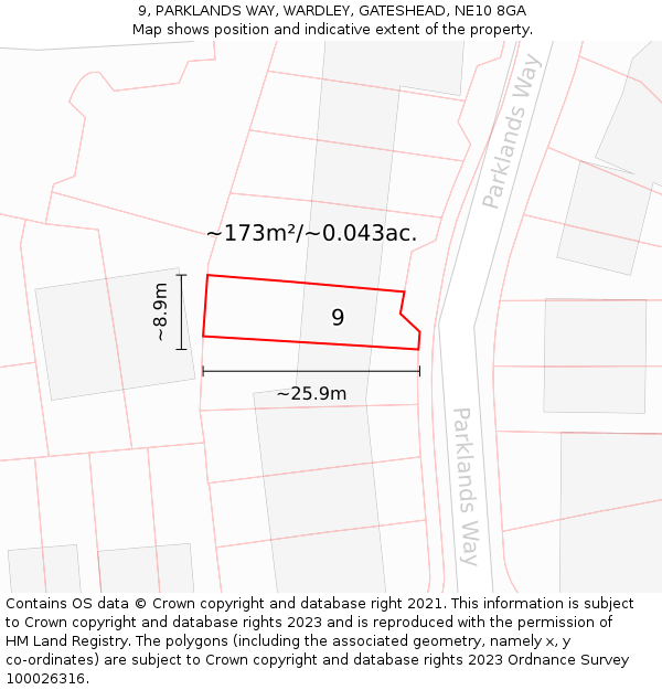 9, PARKLANDS WAY, WARDLEY, GATESHEAD, NE10 8GA: Plot and title map