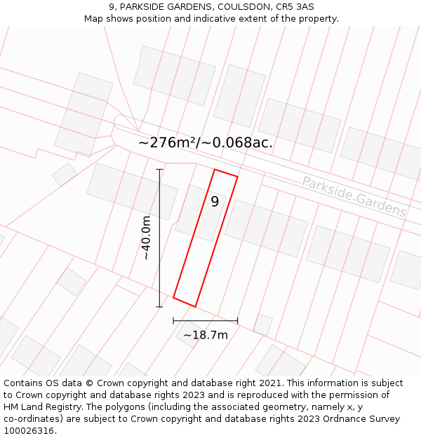 9, PARKSIDE GARDENS, COULSDON, CR5 3AS: Plot and title map