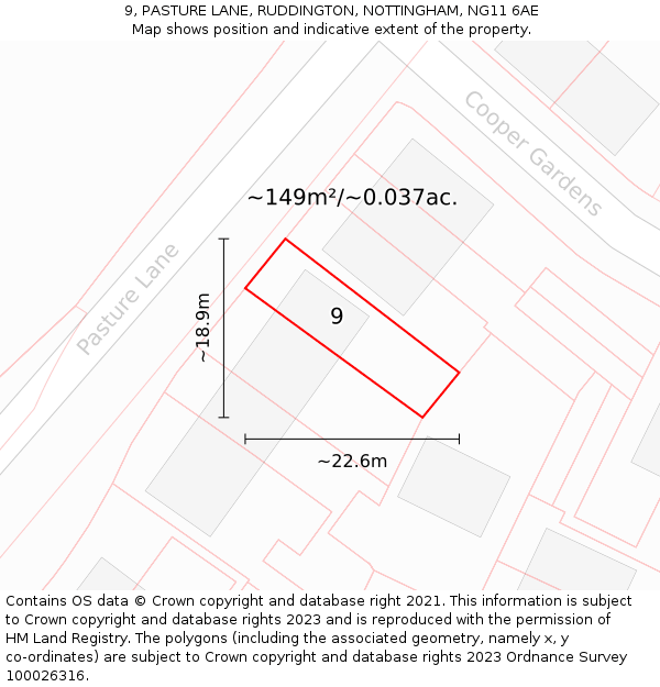 9, PASTURE LANE, RUDDINGTON, NOTTINGHAM, NG11 6AE: Plot and title map