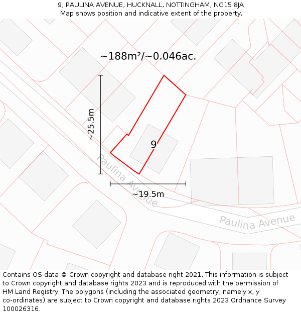 9, PAULINA AVENUE, HUCKNALL, NOTTINGHAM, NG15 8JA: Plot and title map