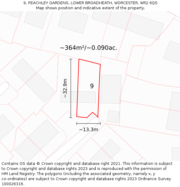 9, PEACHLEY GARDENS, LOWER BROADHEATH, WORCESTER, WR2 6QS: Plot and title map