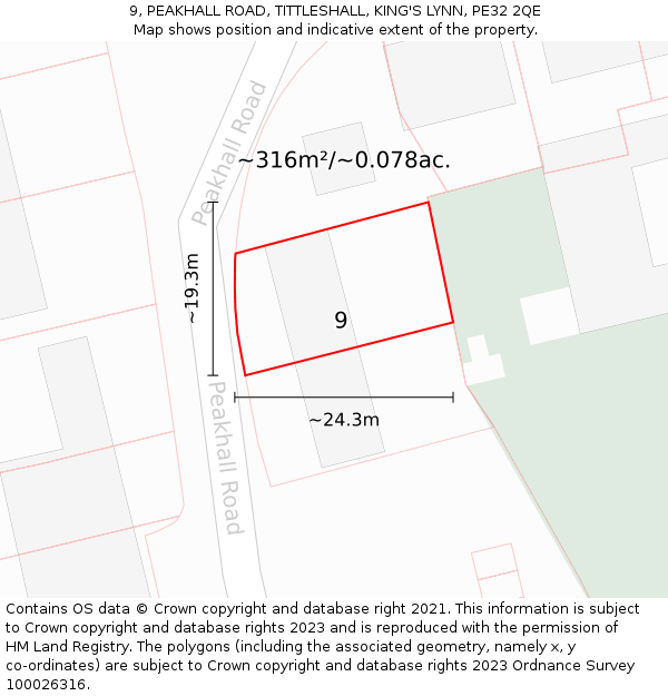 9, PEAKHALL ROAD, TITTLESHALL, KING'S LYNN, PE32 2QE: Plot and title map