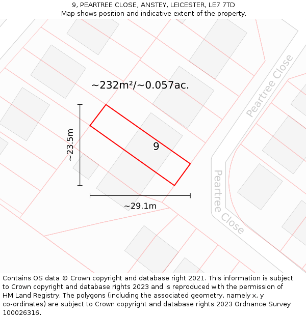 9, PEARTREE CLOSE, ANSTEY, LEICESTER, LE7 7TD: Plot and title map