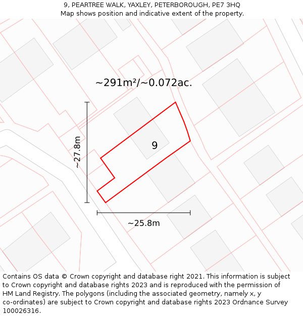 9, PEARTREE WALK, YAXLEY, PETERBOROUGH, PE7 3HQ: Plot and title map