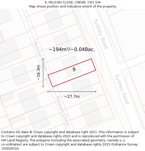 9, PELICAN CLOSE, CREWE, CW1 5YA: Plot and title map