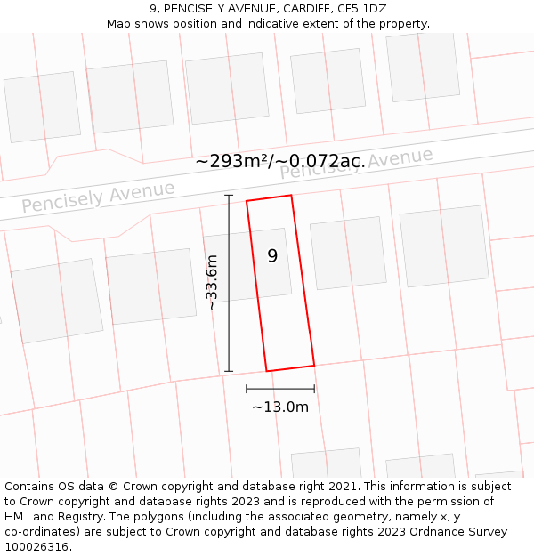 9, PENCISELY AVENUE, CARDIFF, CF5 1DZ: Plot and title map