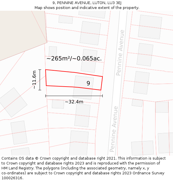 9, PENNINE AVENUE, LUTON, LU3 3EJ: Plot and title map