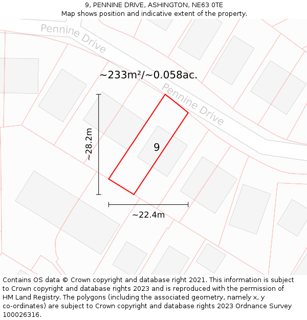 9, PENNINE DRIVE, ASHINGTON, NE63 0TE: Plot and title map