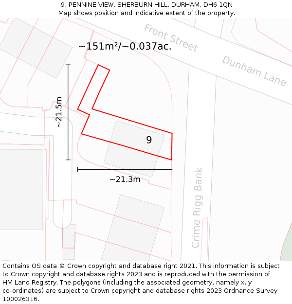 9, PENNINE VIEW, SHERBURN HILL, DURHAM, DH6 1QN: Plot and title map