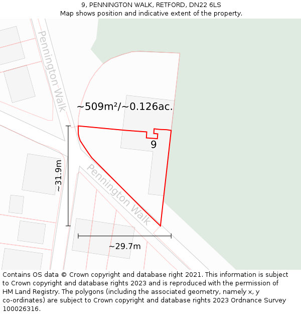 9, PENNINGTON WALK, RETFORD, DN22 6LS: Plot and title map