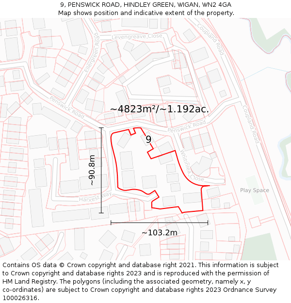 9, PENSWICK ROAD, HINDLEY GREEN, WIGAN, WN2 4GA: Plot and title map