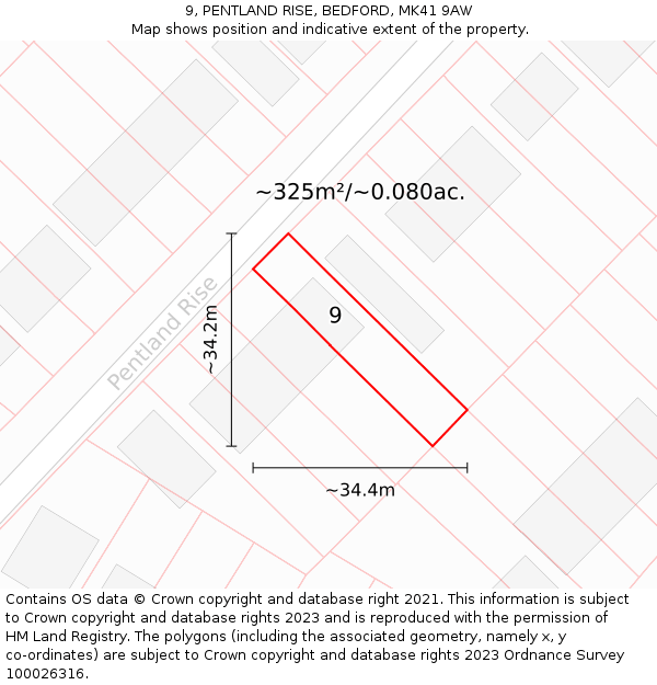 9, PENTLAND RISE, BEDFORD, MK41 9AW: Plot and title map