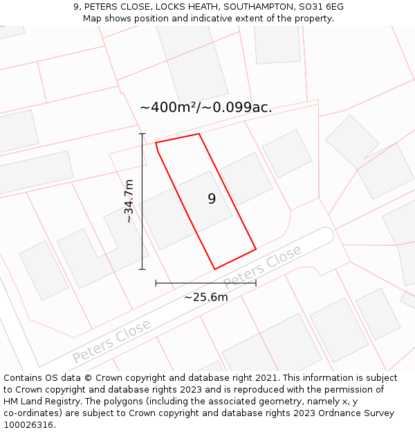 9, PETERS CLOSE, LOCKS HEATH, SOUTHAMPTON, SO31 6EG: Plot and title map