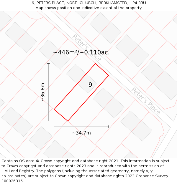 9, PETERS PLACE, NORTHCHURCH, BERKHAMSTED, HP4 3RU: Plot and title map