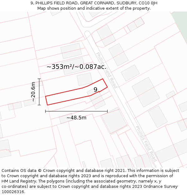 9, PHILLIPS FIELD ROAD, GREAT CORNARD, SUDBURY, CO10 0JH: Plot and title map