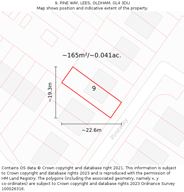 9, PINE WAY, LEES, OLDHAM, OL4 3DU: Plot and title map